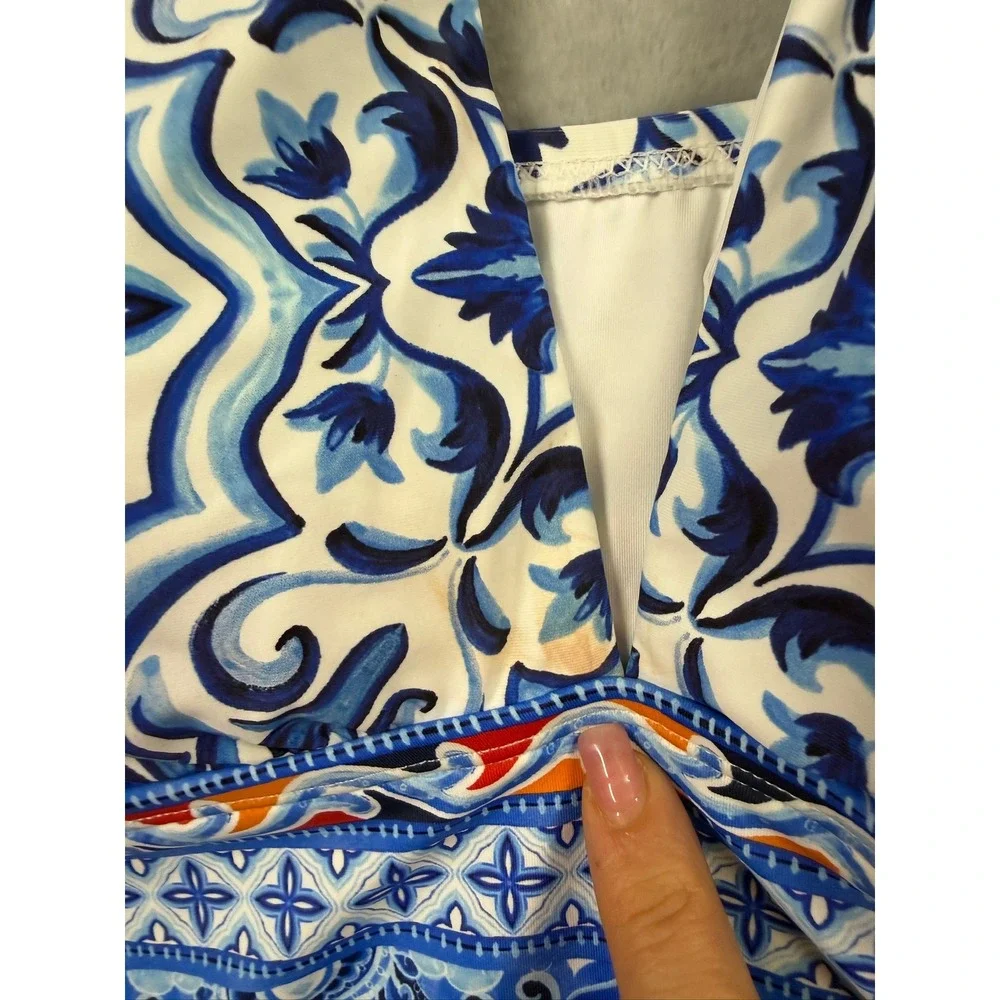 La Blanca Tankini Top Womens Blue White Tile Print Tummy Control 10 $111